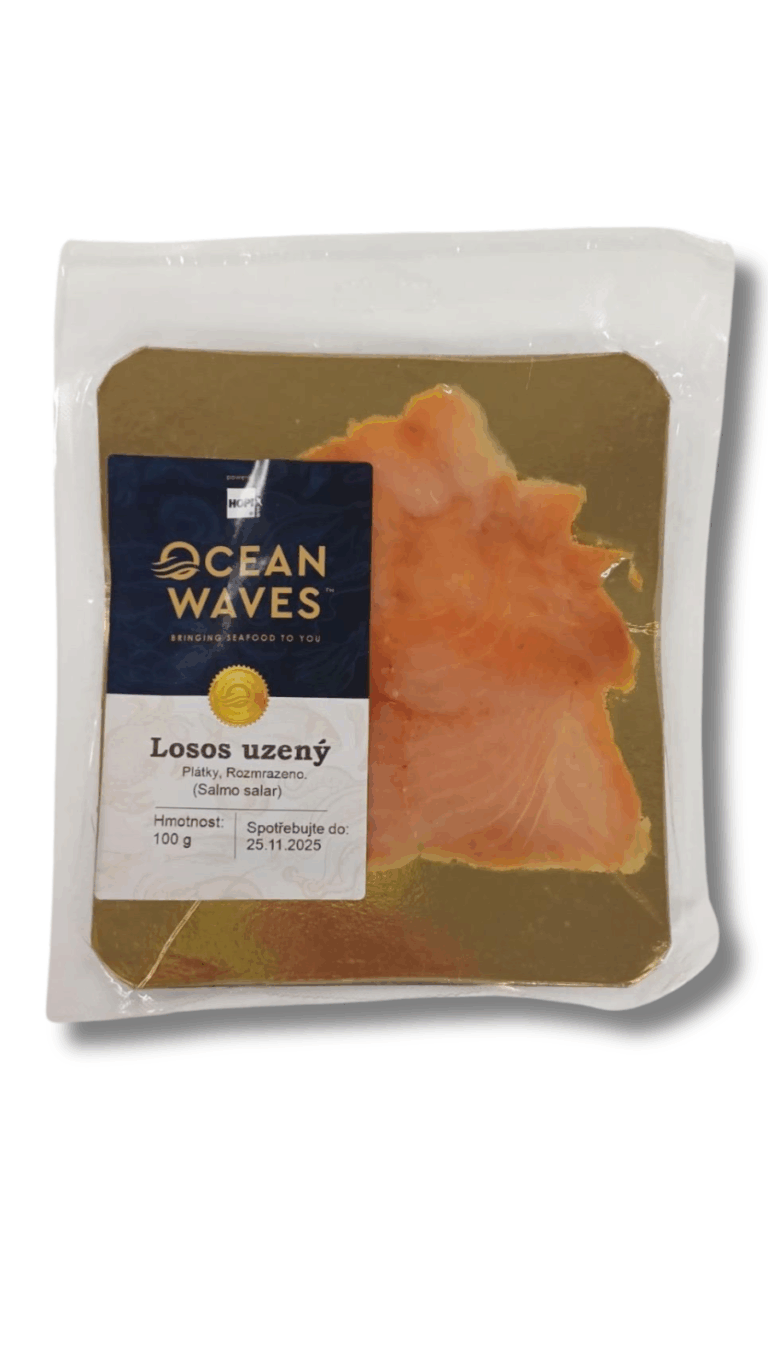 Balení uzeného lososa Ocean Waves na zlatém podkladu